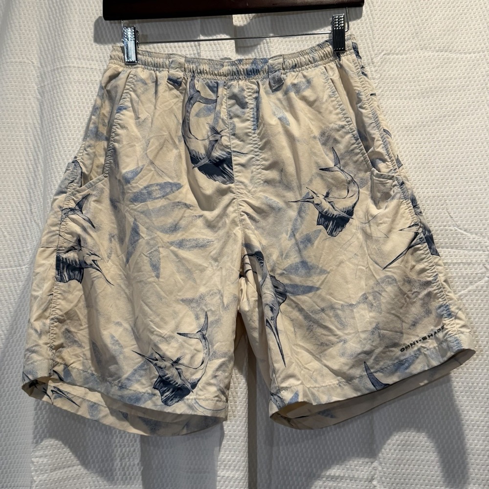Columbia Shorts Mens Off White Blue Marlin Print Swim Trunks PFG OmniShade Lined